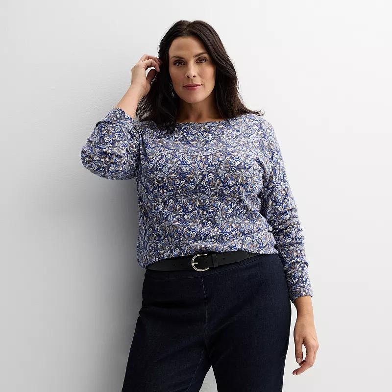 Plus Size Croft & Barrow® Essential Crewneck Long Sleeve Tee, Women's, Size: 1XL, Navy Night Red Product Image