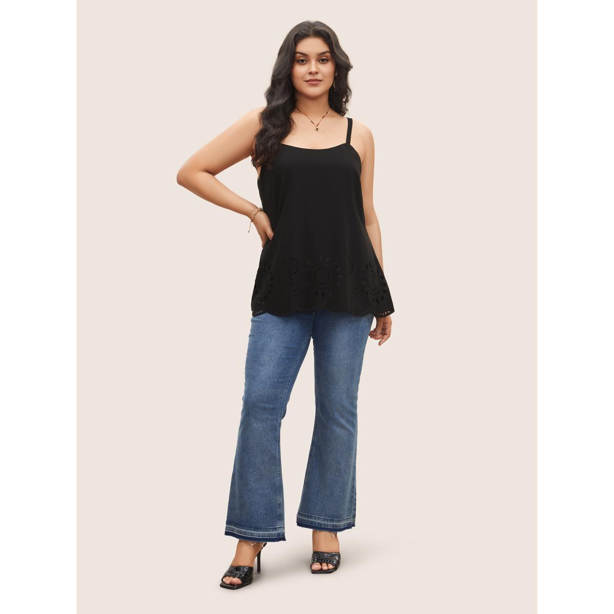 Plus Size Solid Adjustable Straps Laser Cut Cami Top Women Black Elegant Everyday Tank Tops Camis BloomChic 14-16/1X Product Image