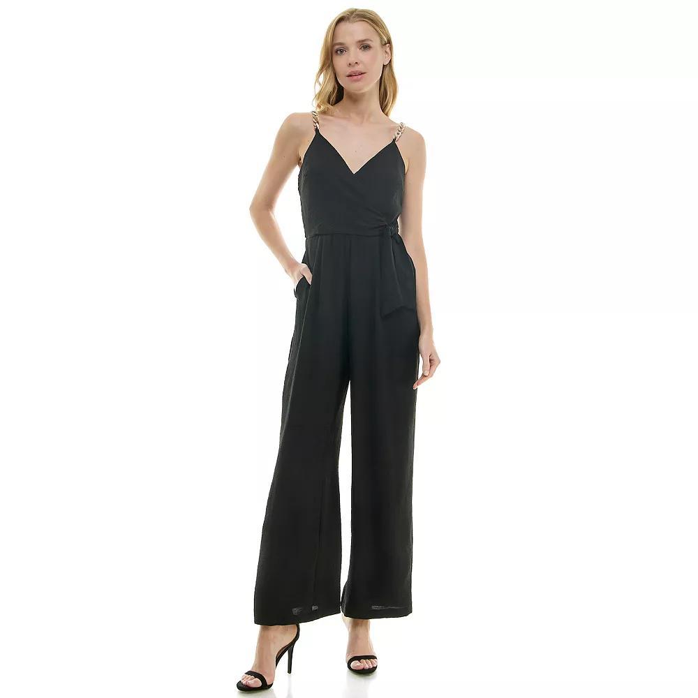 Women's Luxology Faux-Wrap Trim Detail Jumpsuit, Size: Small, Black Product Image
