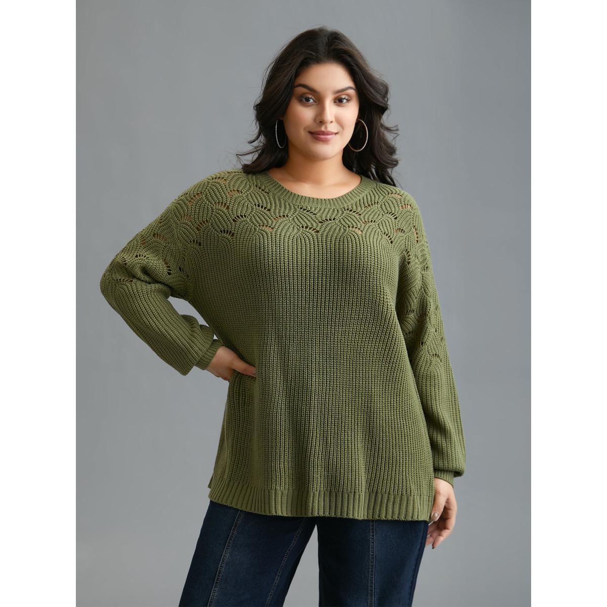 Plus Size Textured Cut-out Balloon Sleeves Pullover Moss Women Casual Loose Long Sleeve Round Neck Everyday Pullovers BloomChic 12/L Product Image