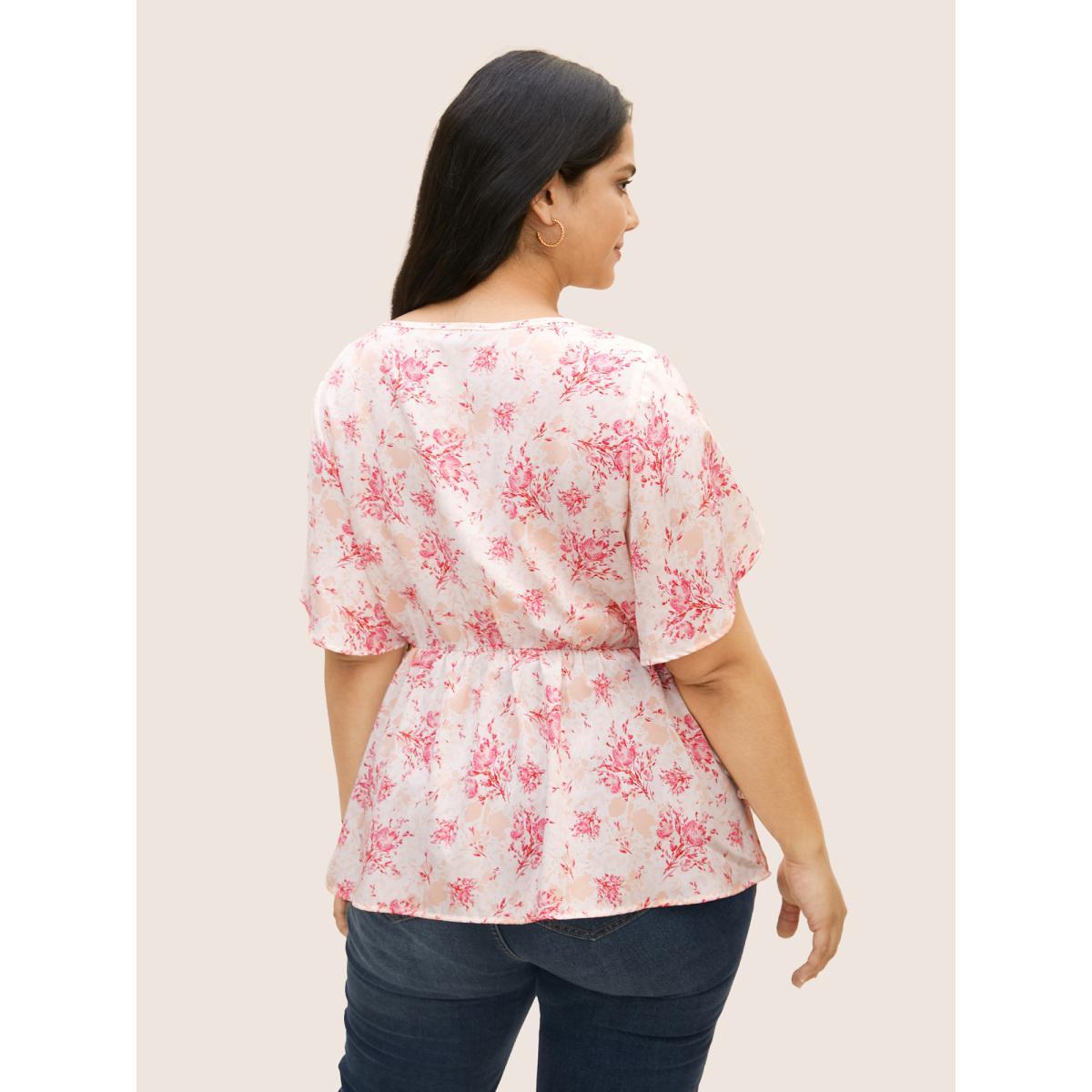 Plus Size Blush Floral Petal Sleeve Elastic Waist Crisscross Blouse Women Elegant Short sleeve Non Everyday Blouses BloomChic 18-20/2X Product Image