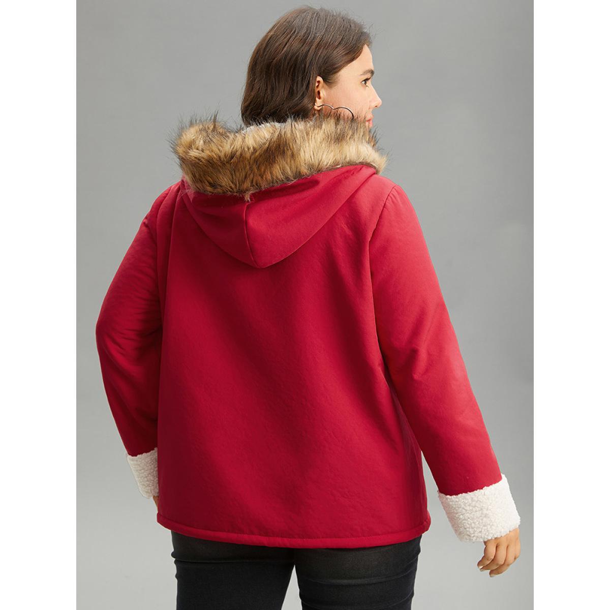 Plus Size Patchwork Fuzzy Trim Pocket Hooded Jacket Women Red Casual Contrast Ladies Party Winter Coats BloomChic 26/4X Product Image