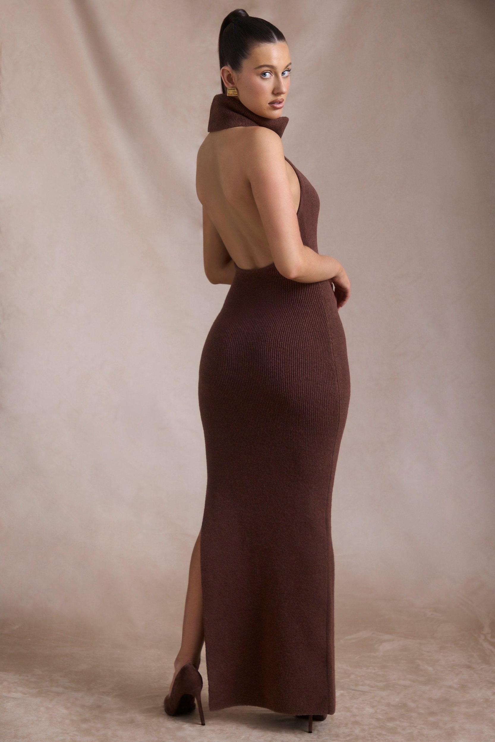 Ribbed-Knit Turtleneck Backless Maxi Dress in Espresso Product Image