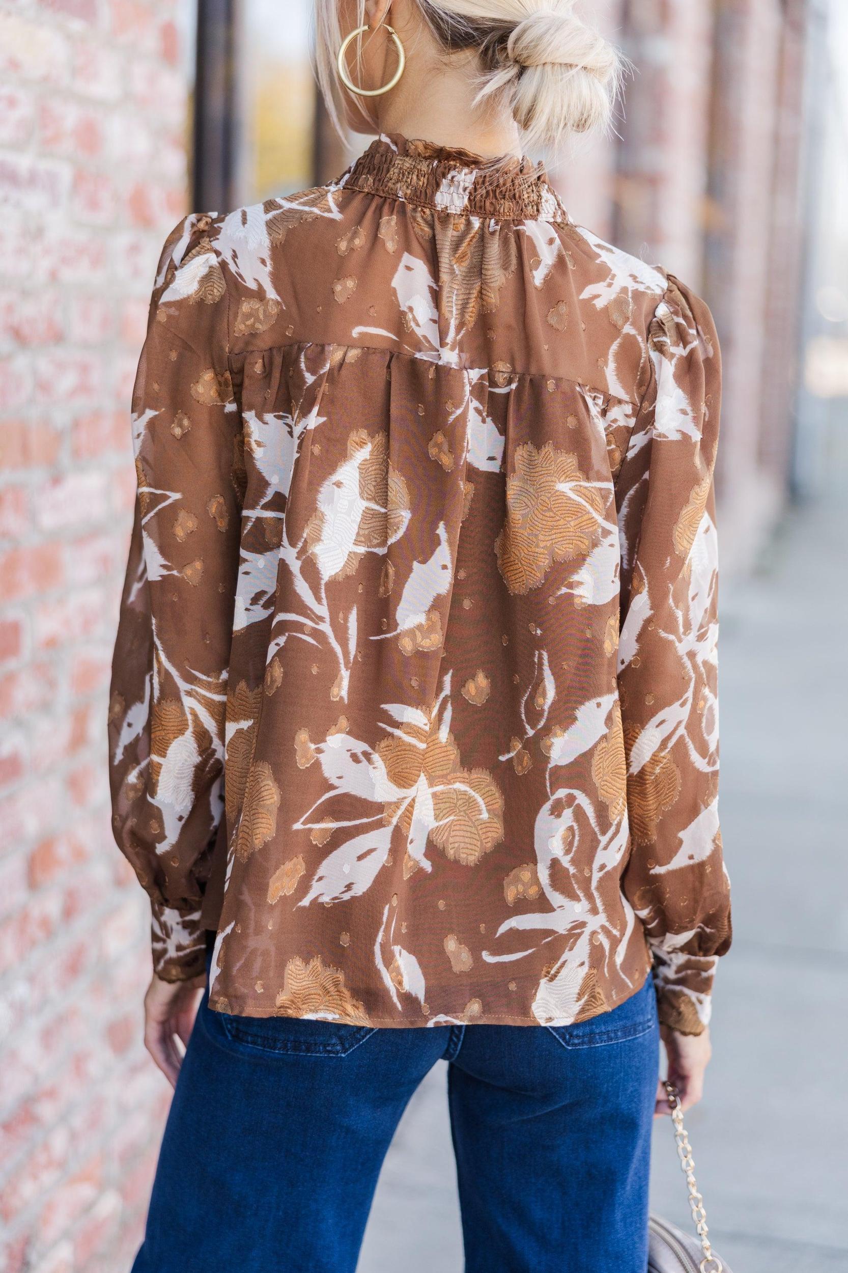 Give You A Try Camel Brown Floral Blouse Female Product Image