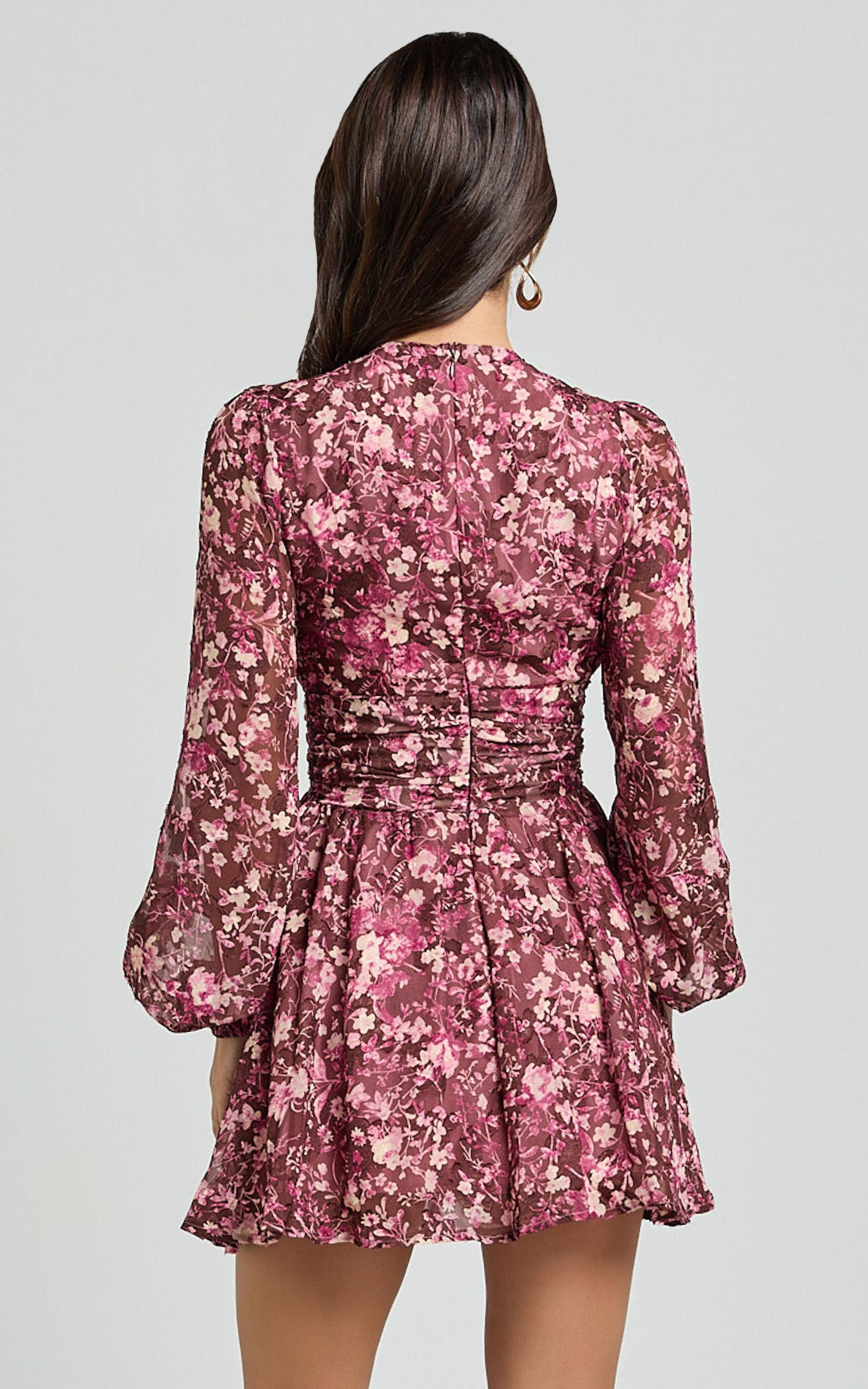 Eleanor Mini Dress - Plunge Twist Front Jacquard Dress in Wine Floral Product Image