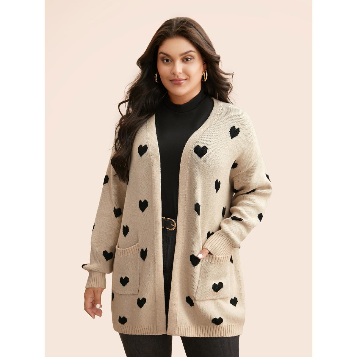 Plus Size Heart-shaped Pattern Patch Pocket Cardigan Apricot Women Basics Loose Long Sleeve Everyday Cardigans BloomChic 26/4X Product Image