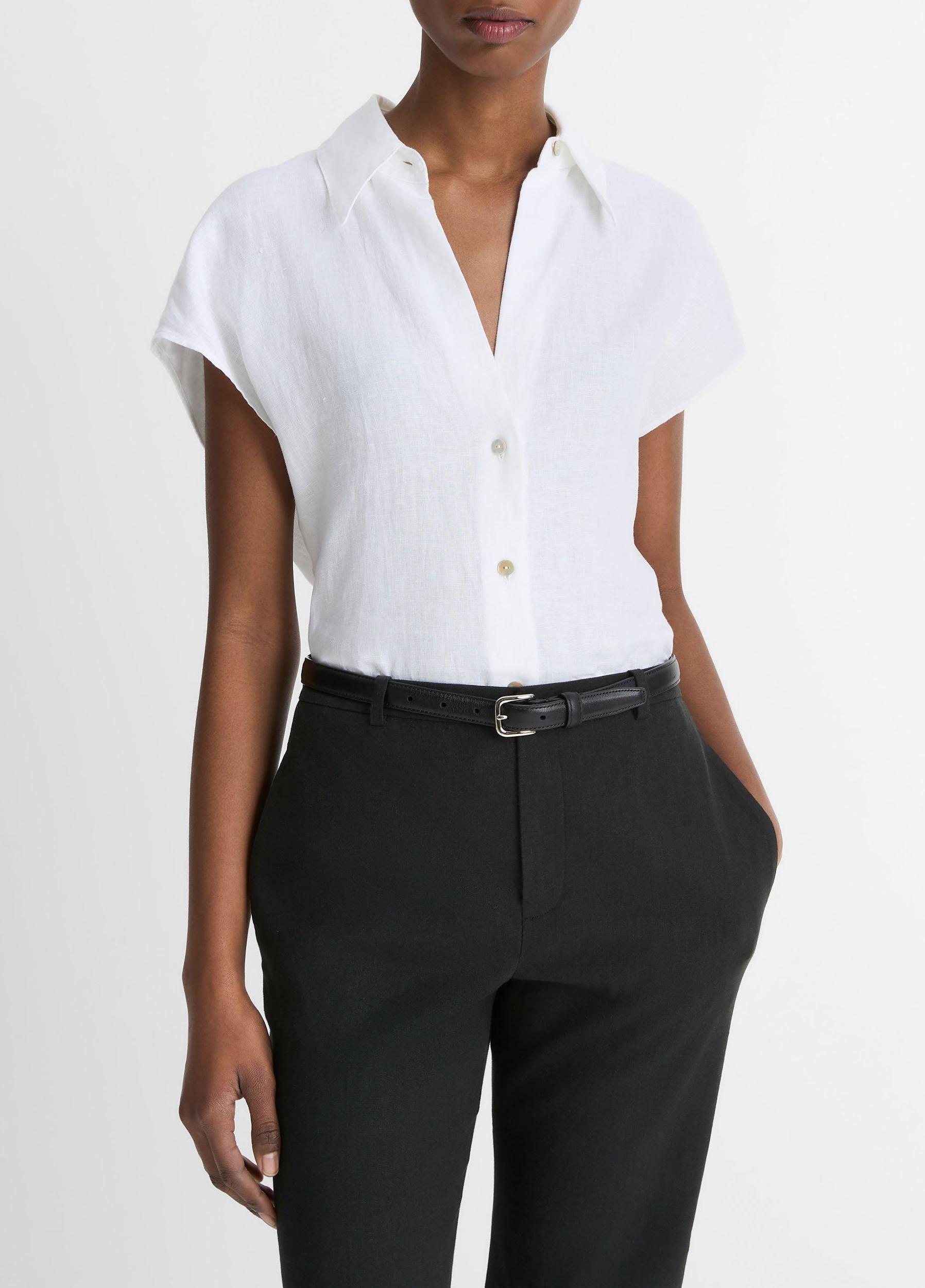 Womens Linen Cap-Sleeve Button-Front Blouse, Optic White, Size L Vince Product Image