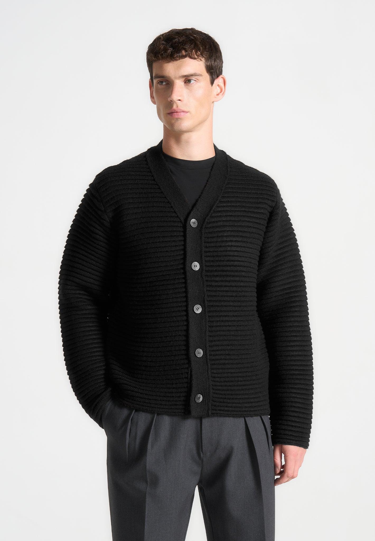 Ribbed Knit Cardigan - Black Male Product Image