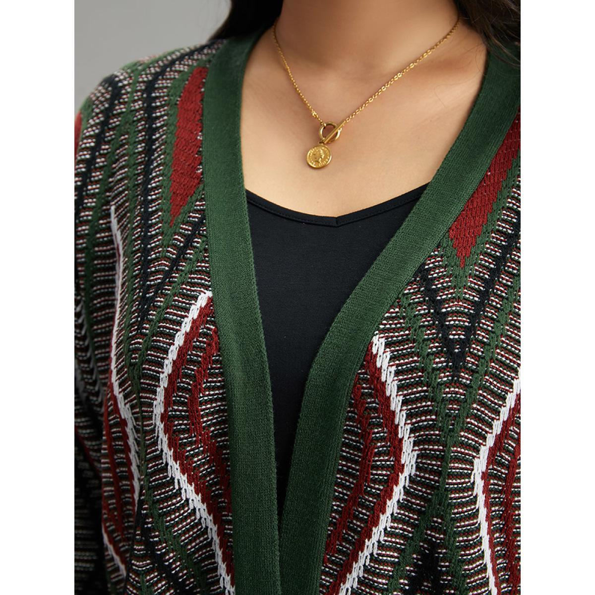 Plus Size Geometric Contrast Open Front Cardigan DarkGreen Women Casual Loose Long Sleeve Dailywear Cardigans BloomChic 22-24/3X Product Image