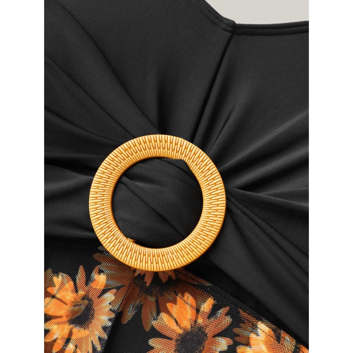 Plus Size Sunflower Pattern Mesh Contrast Swim Dress Women's Swimwear Black Beach Bodycon U-neck High stretch Curve Swim Dresses BloomChic 12/L Product Image
