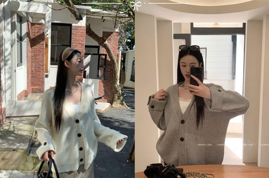 Oversized Cuff-Detail V-Neck Cardigan Product Image