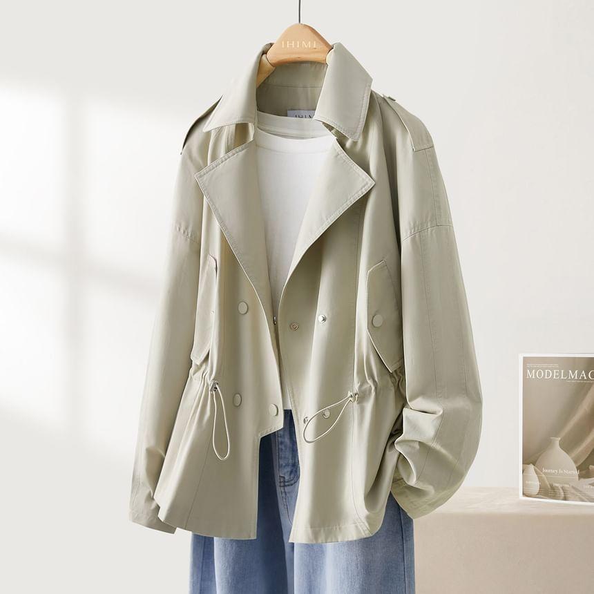 Lapel Collared Plain Double-Breasted Drawstring Waist Trench Coat Product Image