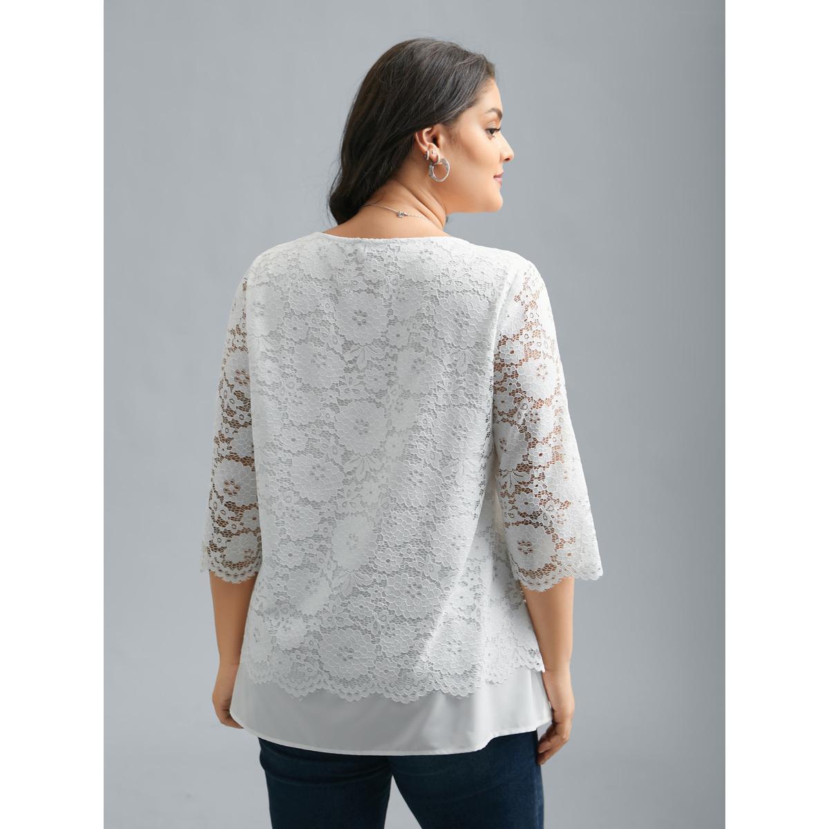 Plus Size Opticwhite Layered Crochet Lace Semi-Sheer Blouse Women Elegant Elbow-length sleeve Round Neck Everyday Blouses BloomChic 18-20/2X Product Image