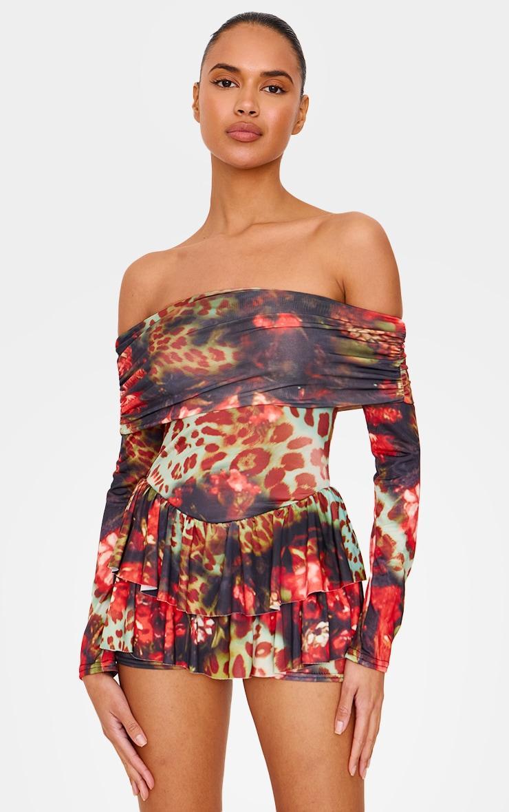 Multi Leopard Print Slinky Long Sleeve Bardot Rara Skort Romper Product Image
