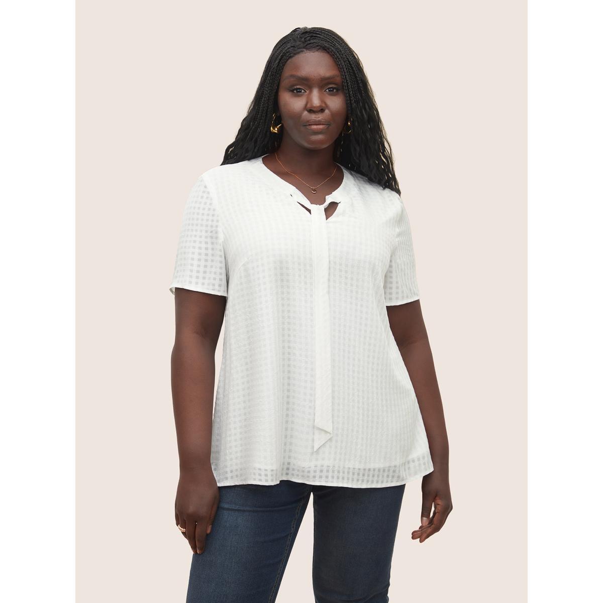Plus Size Ivory Solid Textured Chiffon Mesh Tie Neck Blouse Women At the Office Short sleeve Ribbon-tied collar Work Blouses BloomChic 28/5X Product Image
