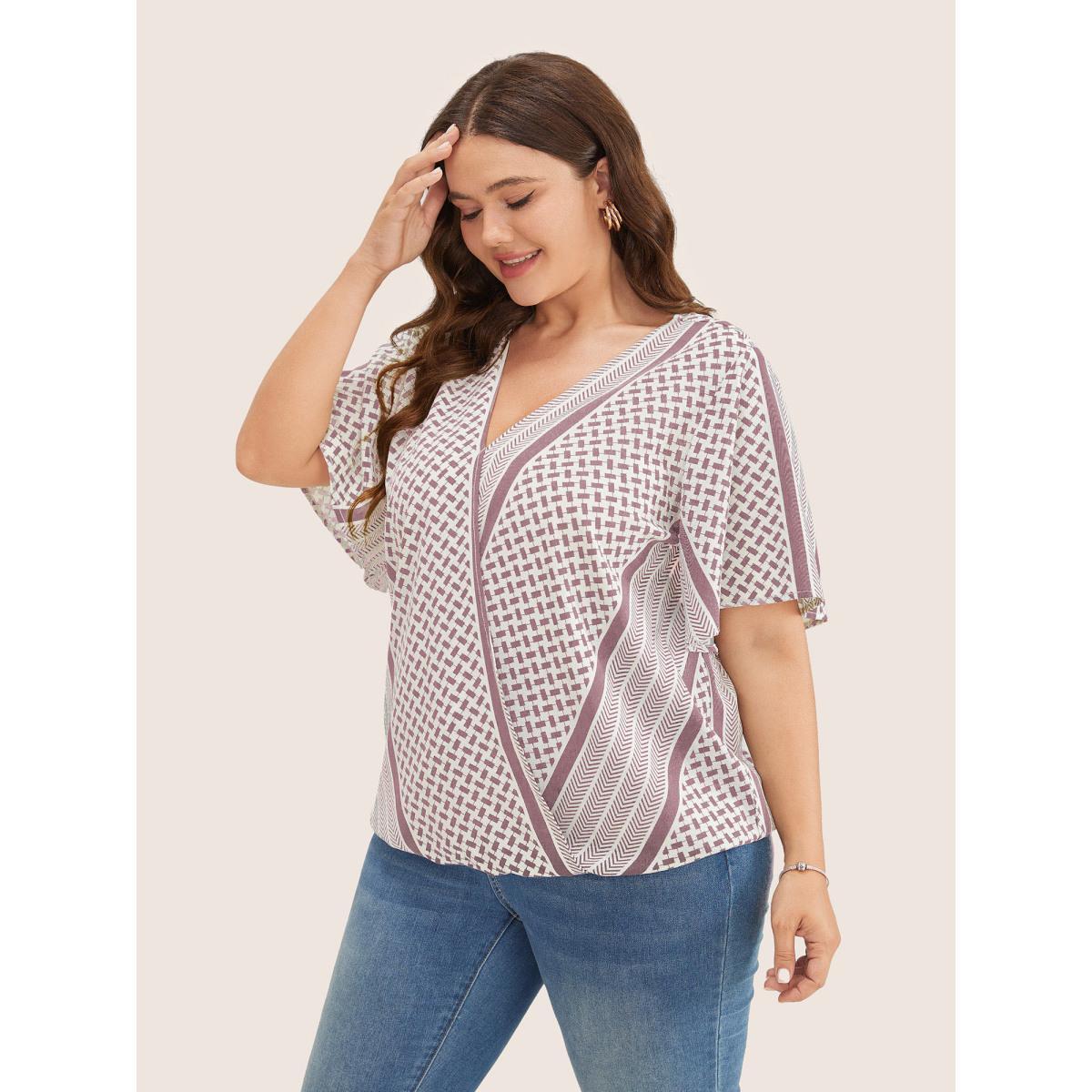 Plus Size DustyPink Geometric Contrast Ruffle Sleeve Wrap Blouse Women Resort Short sleeve Overlap Collar Vacation Blouses BloomChic 28/5X Product Image