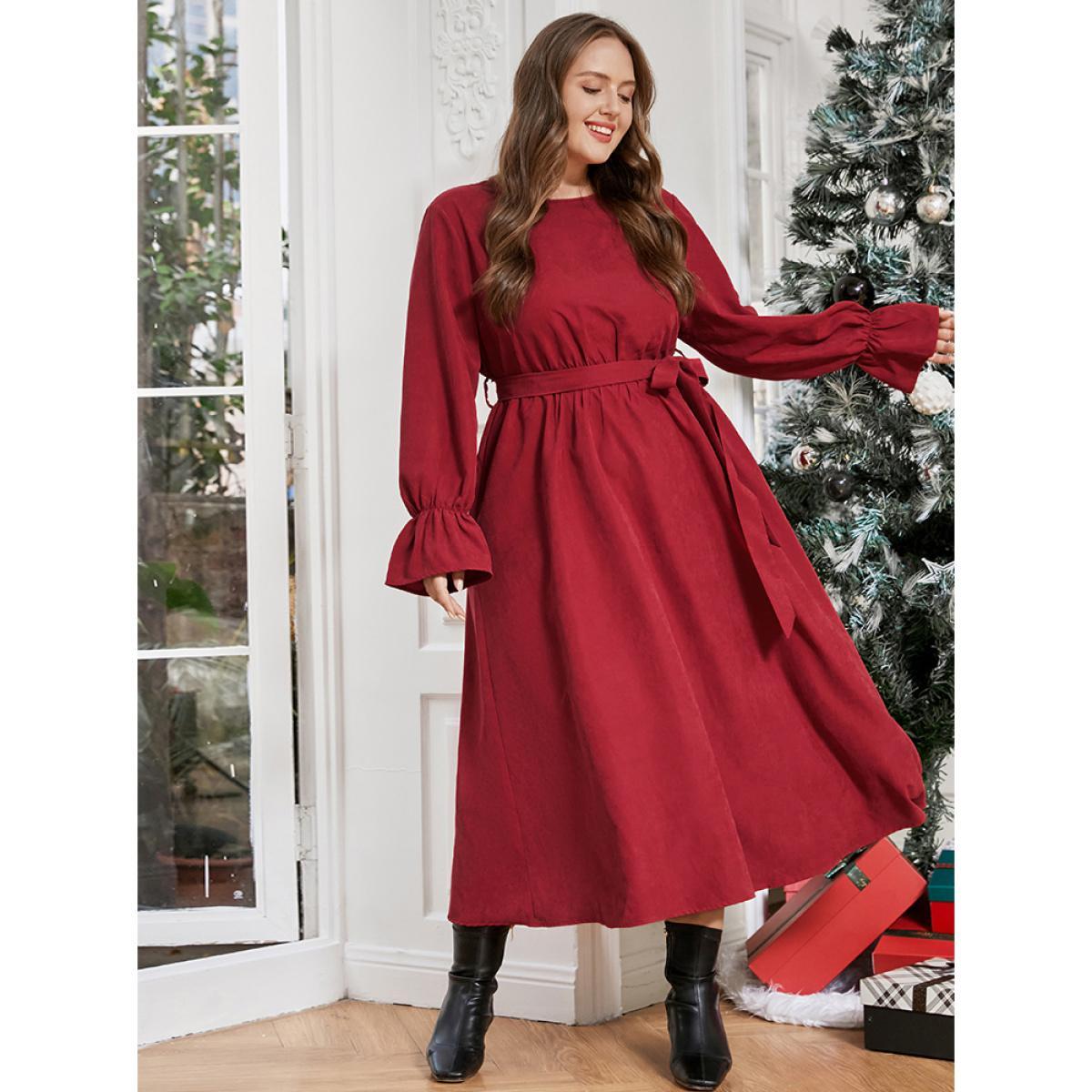 Plus Size Solid Round Neck Pocket Belted Lantern Sleeve Dress Scarlet Women Dating Round Neck Long Sleeve Curvy Midi Dress BloomChic 22-24/3X Product Image