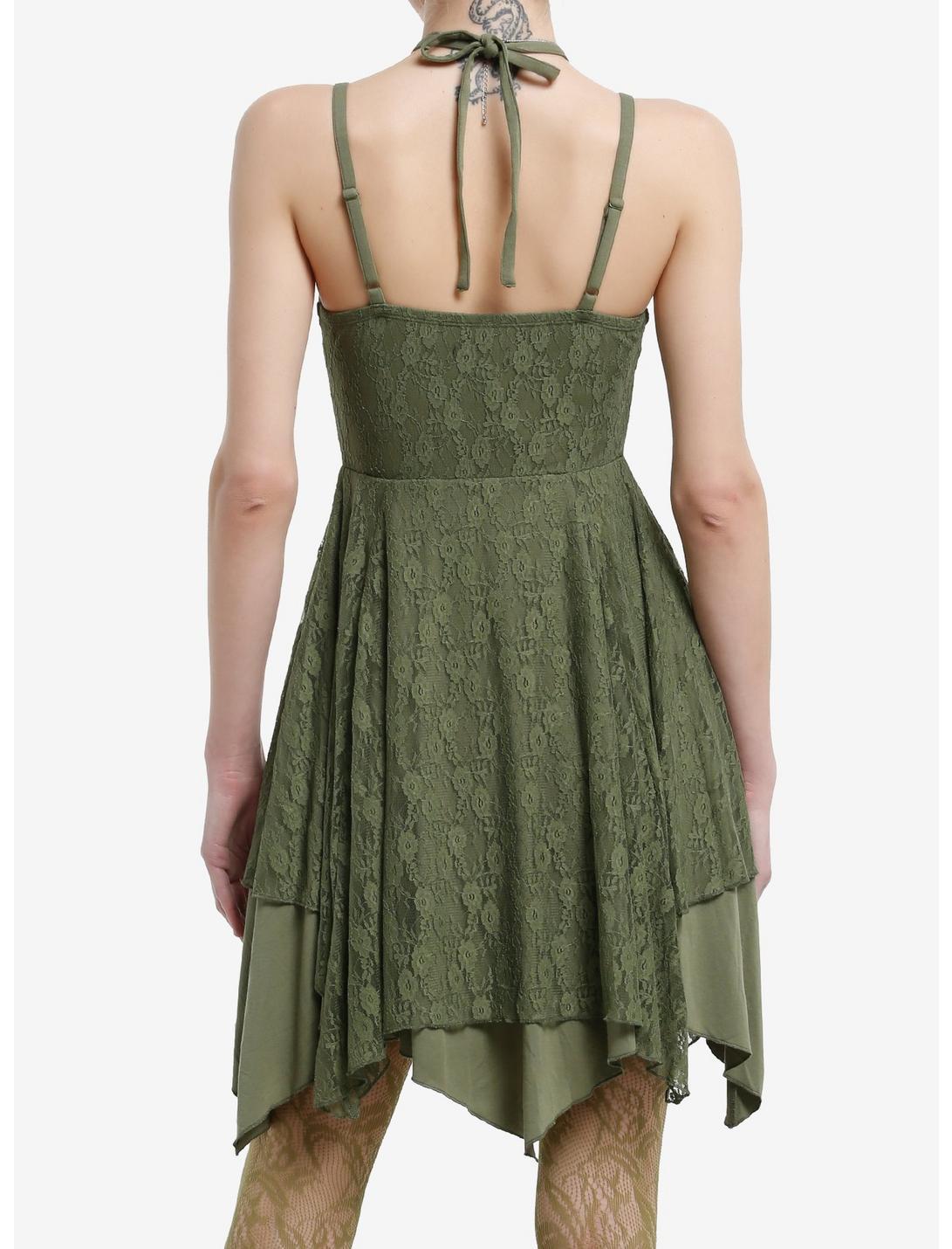 Thorn & Fable Green Lace Hanky Hem Halter Dress Product Image