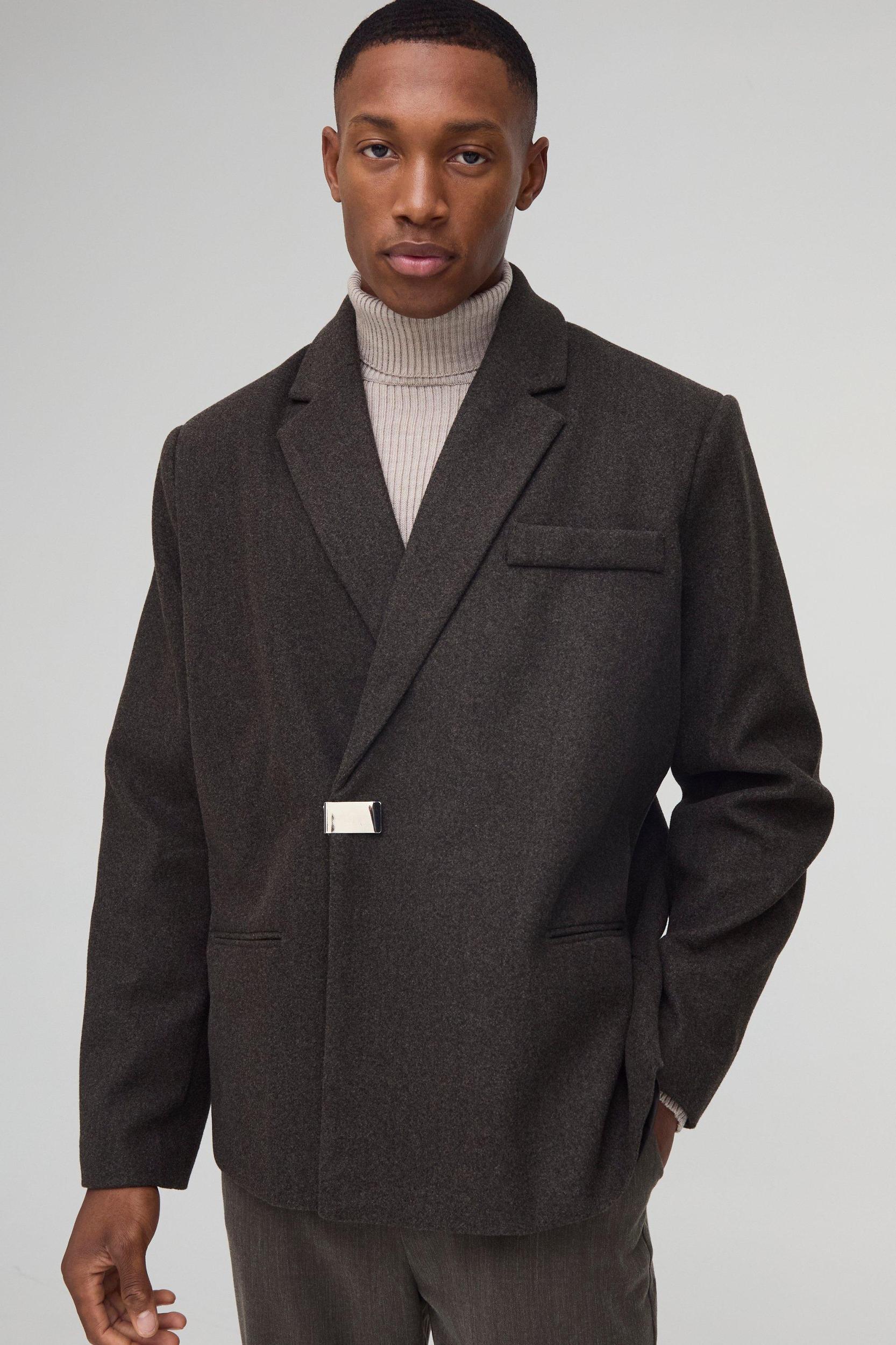 Mens Grey Oversized Wool Look Boxy Blazer, Grey Product Image
