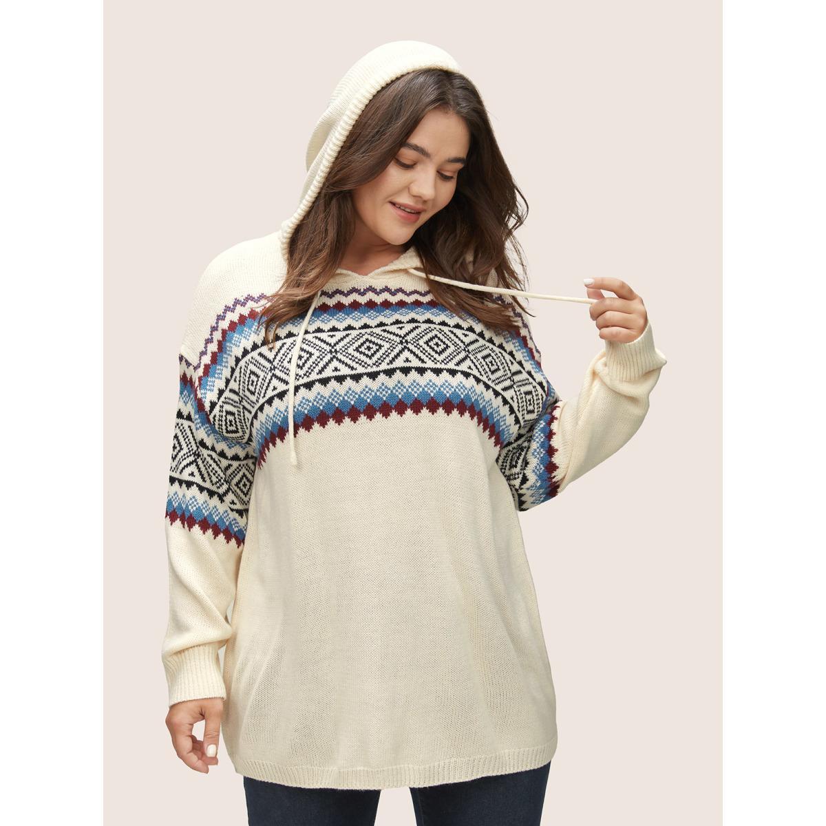 Plus Size Geometric Jacquard Drop Shoulder Drawstring Pullover Ivory Women Casual Loose Long Sleeve Hooded Everyday Pullovers BloomChic 12/L Product Image