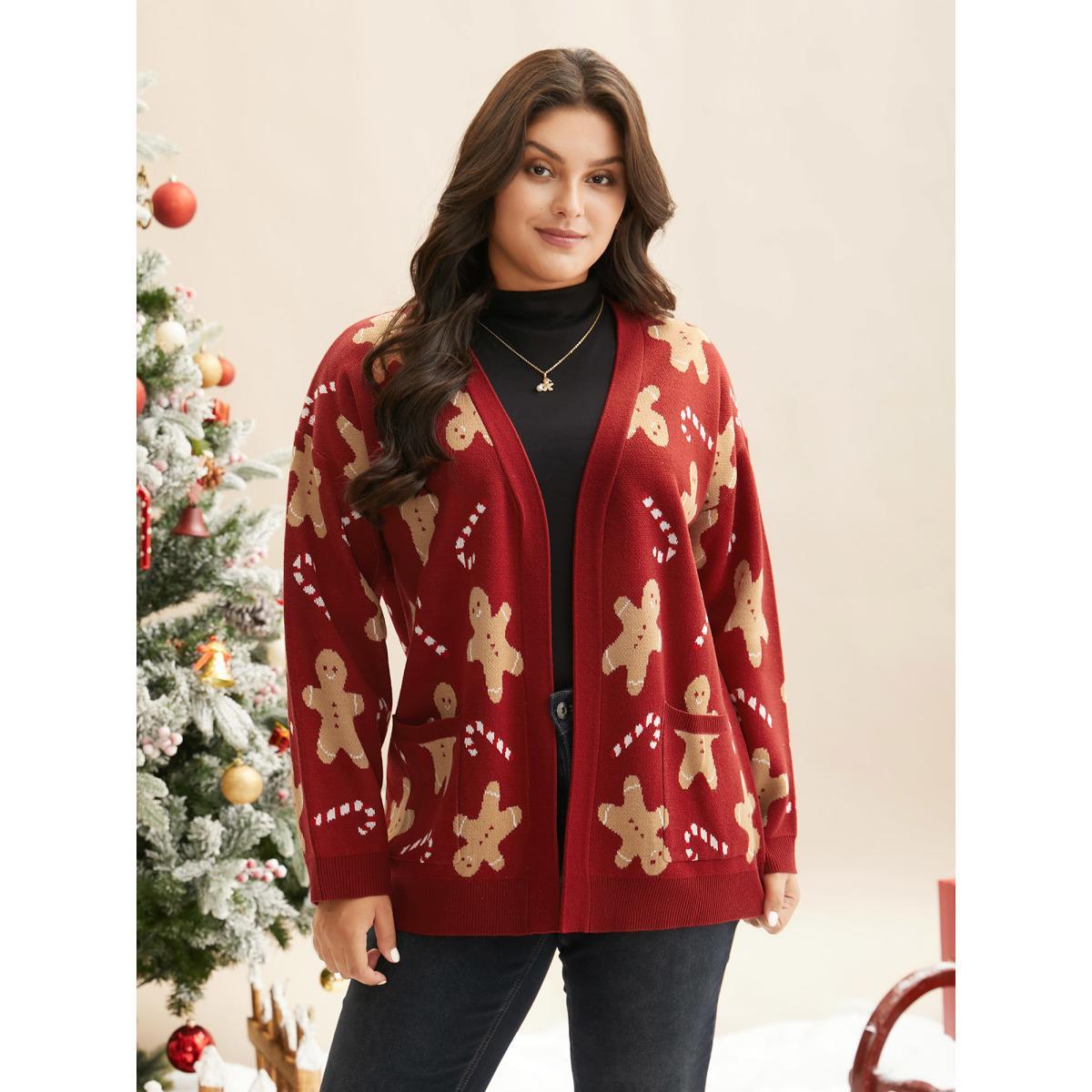 Plus Size Gingerbread & Candycane Shimmering Threads Cardigan Scarlet Women Casual Loose Long Sleeve Everyday Cardigans BloomChic 12/L Product Image