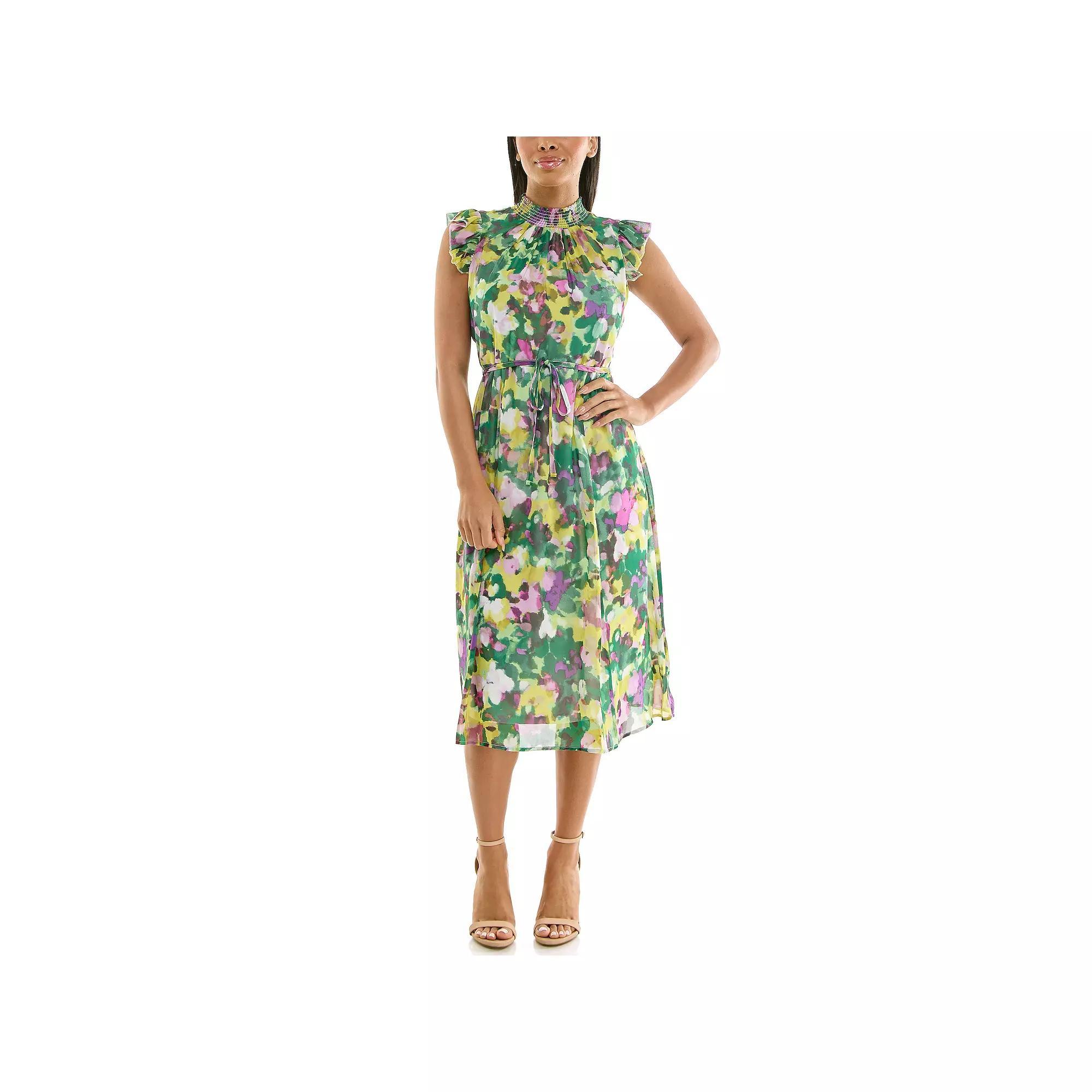 Womens Nina Leonard Smocked Flutter Sleeve Print Dress Product Image