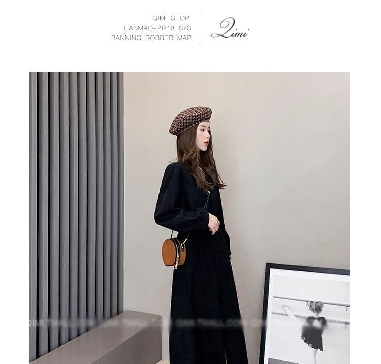 Puff-Sleeve V-Neck Plain Button-Up Midi A-Line Dress Product Image