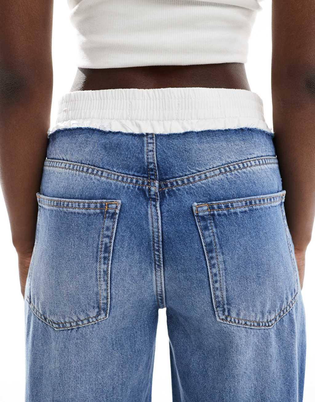 Pull&Bear boxer waistband wide leg jeans in dark blue Product Image