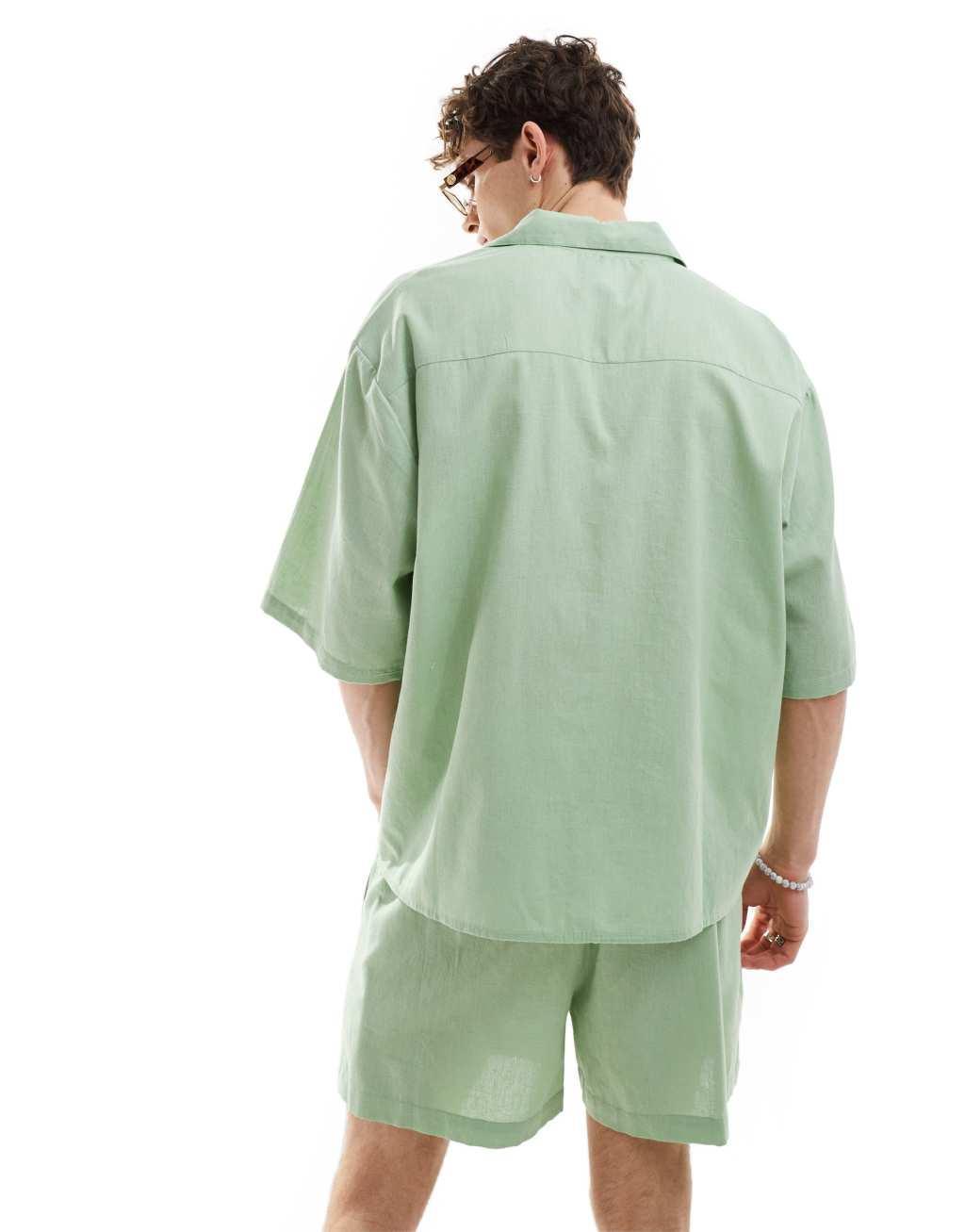 COLLUSION linen look beach oversized camp collar shirt in sage green - part of a set Product Image