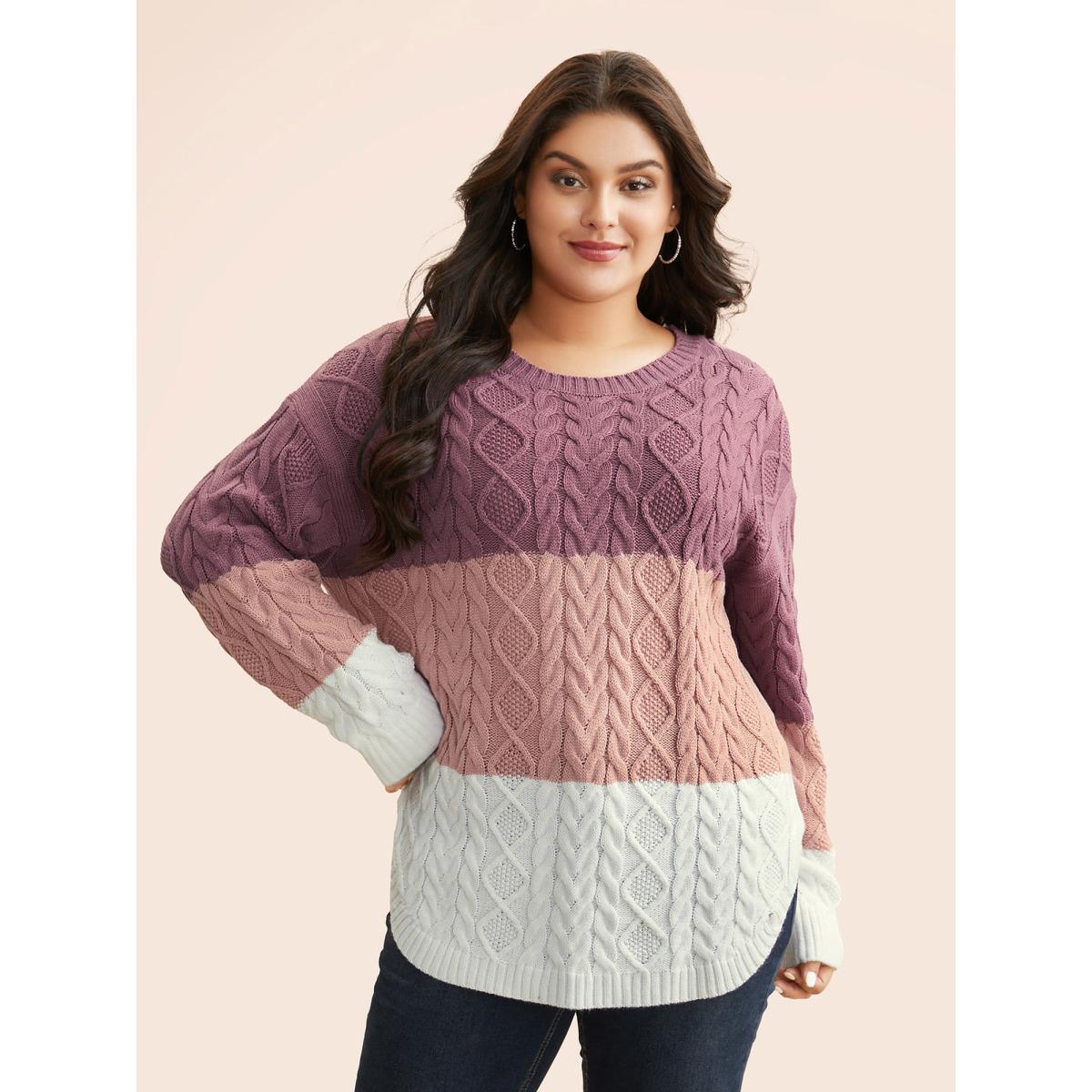 Plus Size Contrast Cable Knit Arc Hem Pullover Lilac Women Casual Loose Long Sleeve Round Neck Everyday Pullovers BloomChic 10/M Product Image