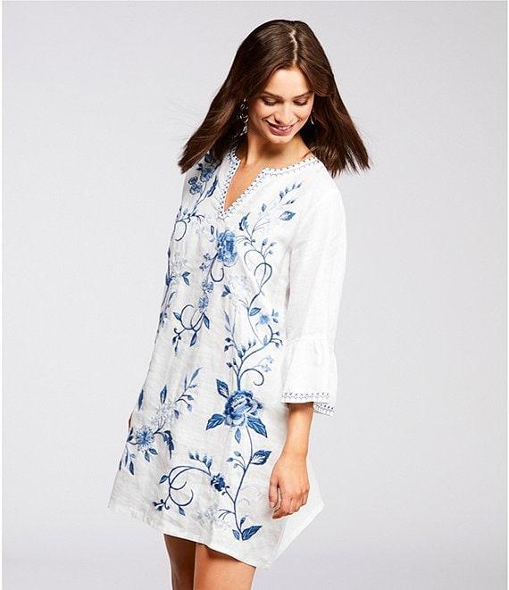 JOHNNY WAS Embroidered Linen Split V-Neck 3/4 Ruffle Sleeve Dress Product Image