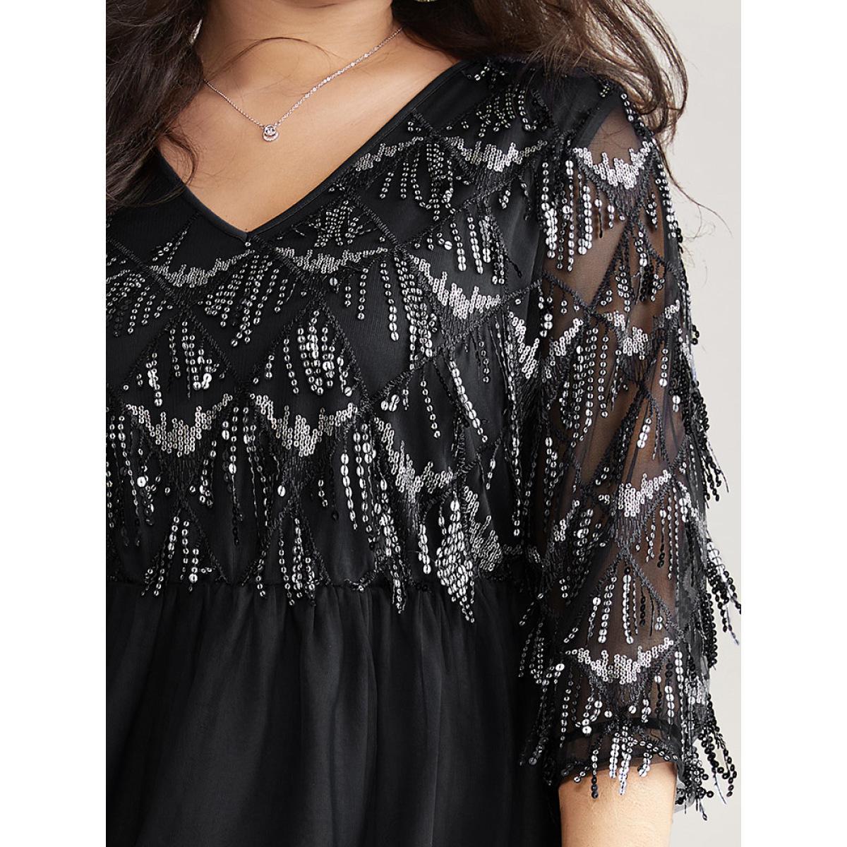 Plus Size Sequin Tassels Plisse Patchwork Mesh Knee Dress Black Women Cocktail Sequin V-neck Elbow-length sleeve Curvy Midi Dress BloomChic 26/4X Product Image