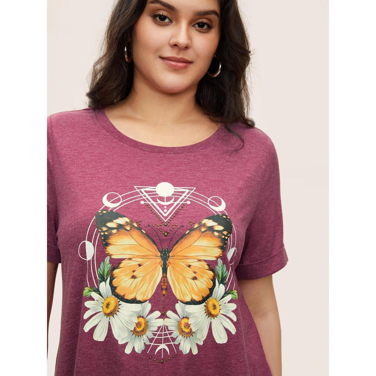 Plus Size Natural Flowers & Butterfly Print Rhinestone T-shirt Burgundy Women Casual Rhinestone detailing Animals Everyday T-shirts BloomChic 22-24/3X Product Image