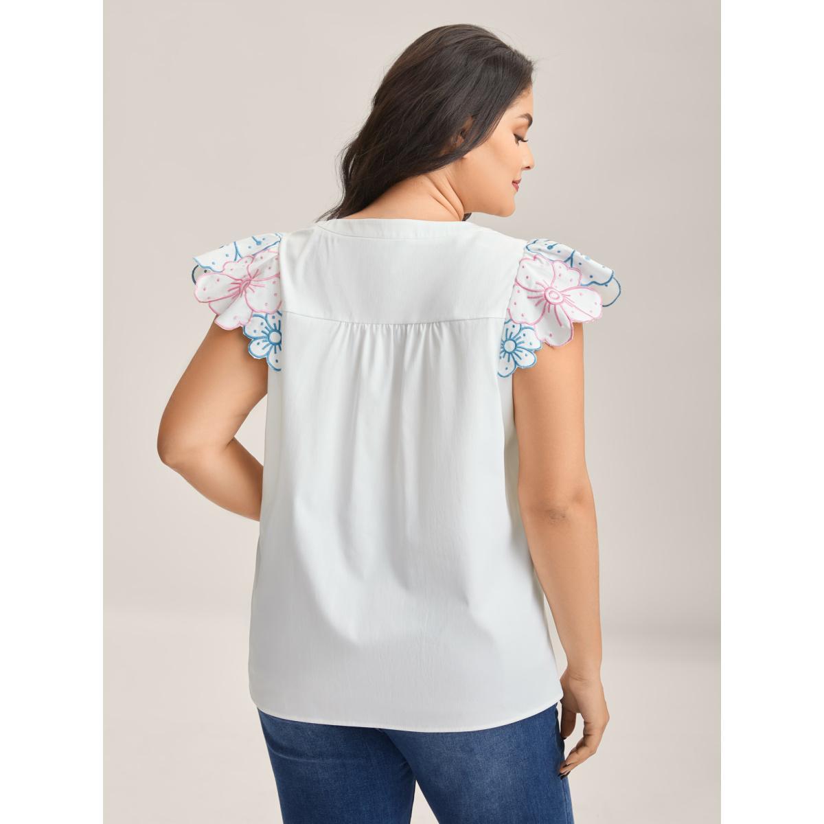 Plus Size Originalwhite Floral Lotus Leaf Sleeve Split Neck Blouse Women Cap Sleeve Notched collar Everyday-Casual Blouses BloomChic 10/M Product Image