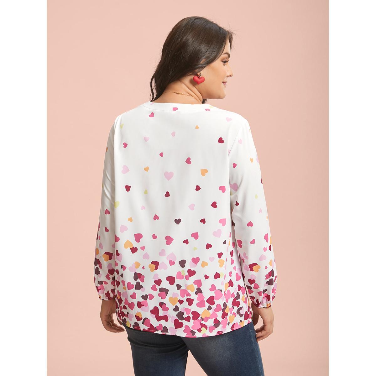 Plus Size WhiteSmoke Notched Collar Multi-Color Hearts Blouse Women Elegant Extra Long Sleeve Flat collar with V-notch Everyday Blouses BloomChic 26/4X Product Image