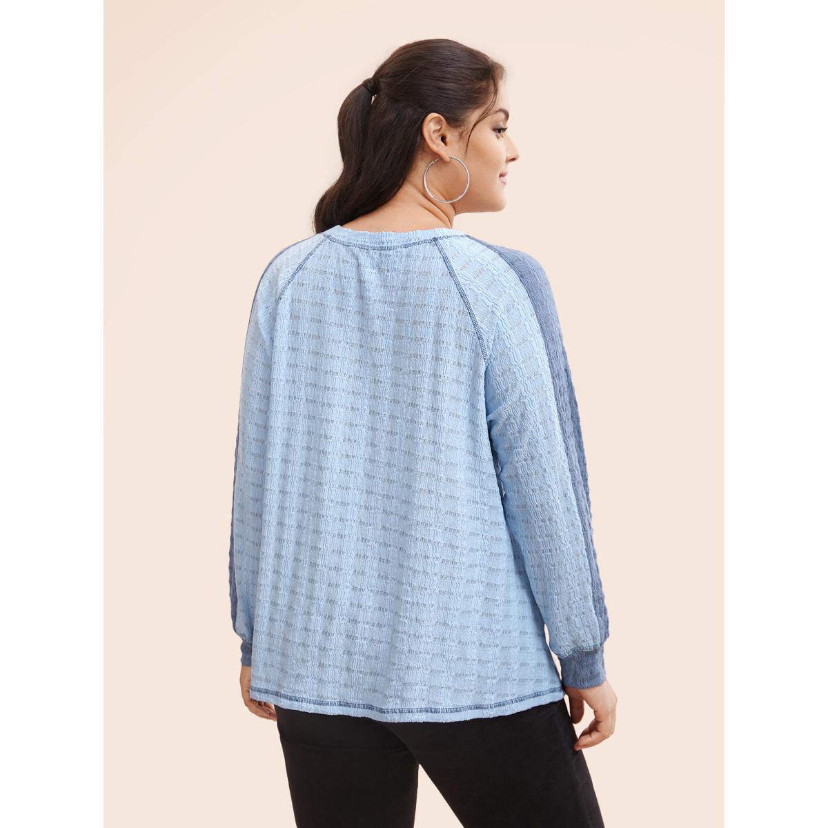 Plus Size Contrast Patchwork Texture Raglan Sleeve T-shirt LightBlue Women Casual Texture Round Neck Everyday T-shirts BloomChic 28/5X Product Image