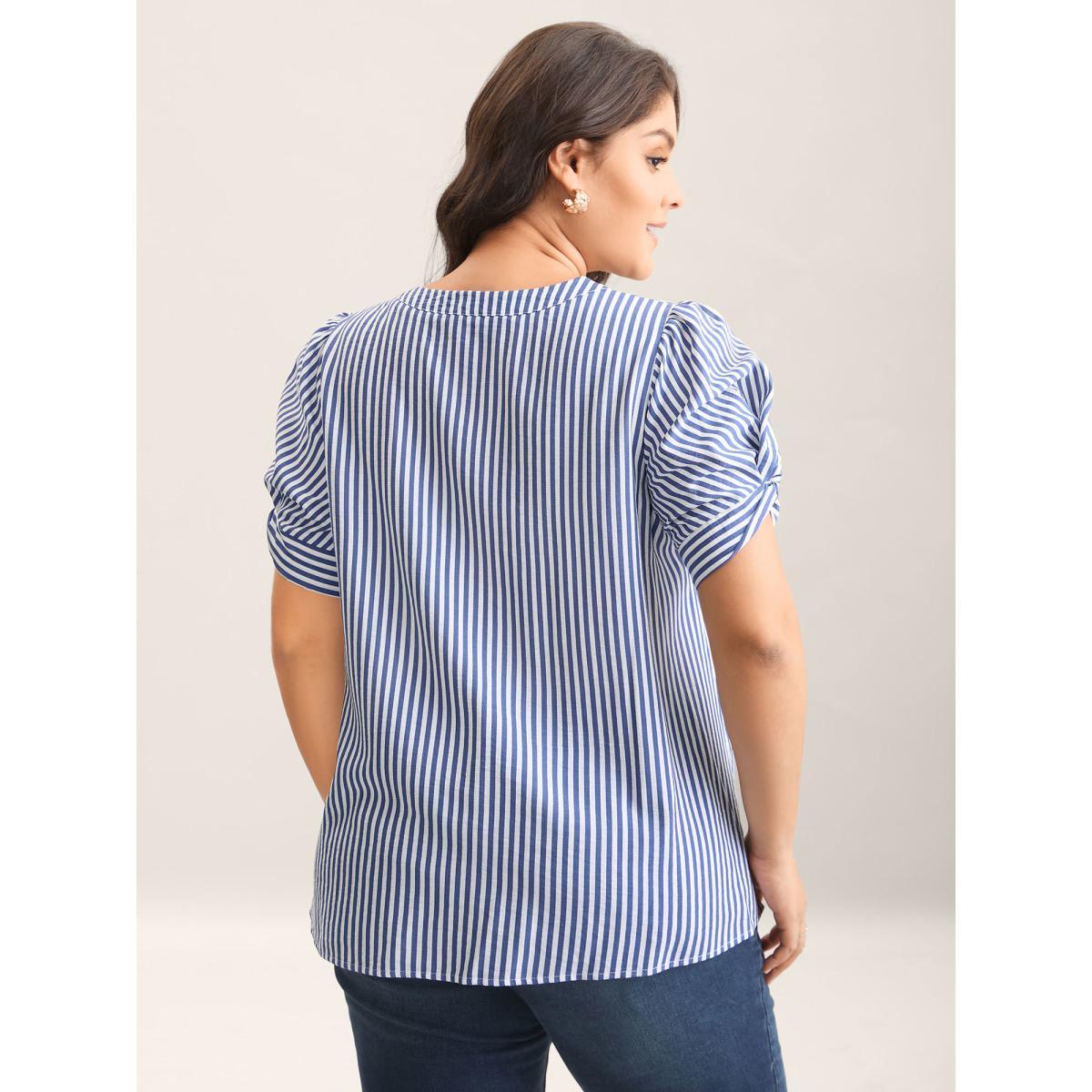 Plus Size DarkBlue Stripes Knotted Sleeve Notched Collar Blouse Women Short sleeve Notched collar Work Blouses BloomChic 18-20/2X Product Image