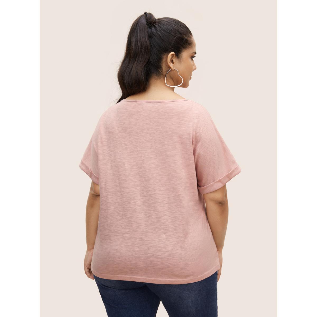 Plus Size Round Neck Patchwork Cuffed Sleeve T-shirt MistyRose Women Casual Patchwork Round Neck Everyday T-shirts BloomChic 18-20/2X Product Image