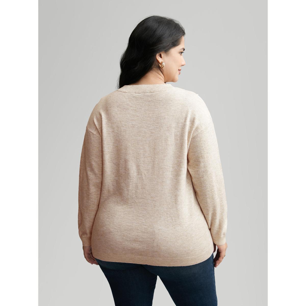 Plus Size Round Neck Pearl Beaded Pullover Apricot Women Casual Long Sleeve Round Neck Everyday Pullovers BloomChic 18-20/2X Product Image
