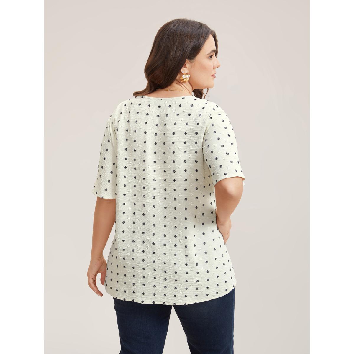 Plus Size Beige Textured Polka Dot Print Flared Sleeve Shirt Women Elegant Short sleeve V-neck Everyday Blouses BloomChic 18-20/2X Product Image