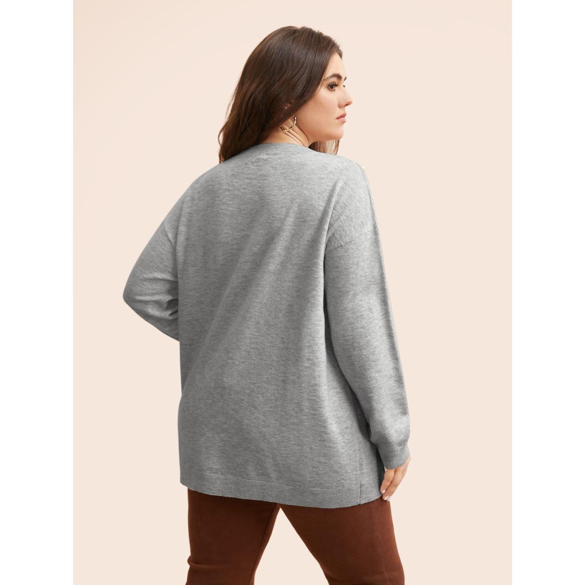 Plus Size Round Neck Pearl Beaded Pullover LightGray Women Casual Long Sleeve Round Neck Everyday Pullovers BloomChic 30/6X Product Image