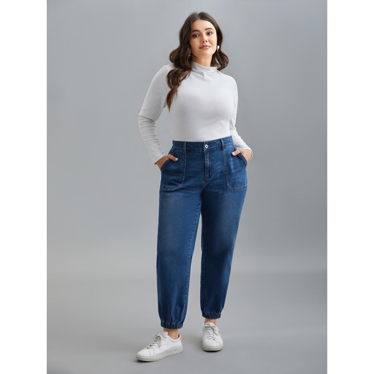 Plus Size Elastic Cuffs Adjustable Waist Straight Jeans Women Midblue Casual Button Medium stretch Slanted pocket Jeans BloomChic 18/2X Product Image