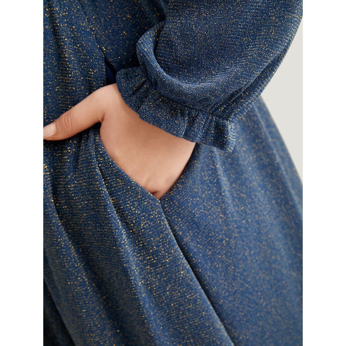 Plus Size Glitter Crew Neck Pocket Pleated Dress Aegean Women Party Elastic cuffs Round Neck Long Sleeve Curvy Midi Dress BloomChic 22-24/3X Product Image