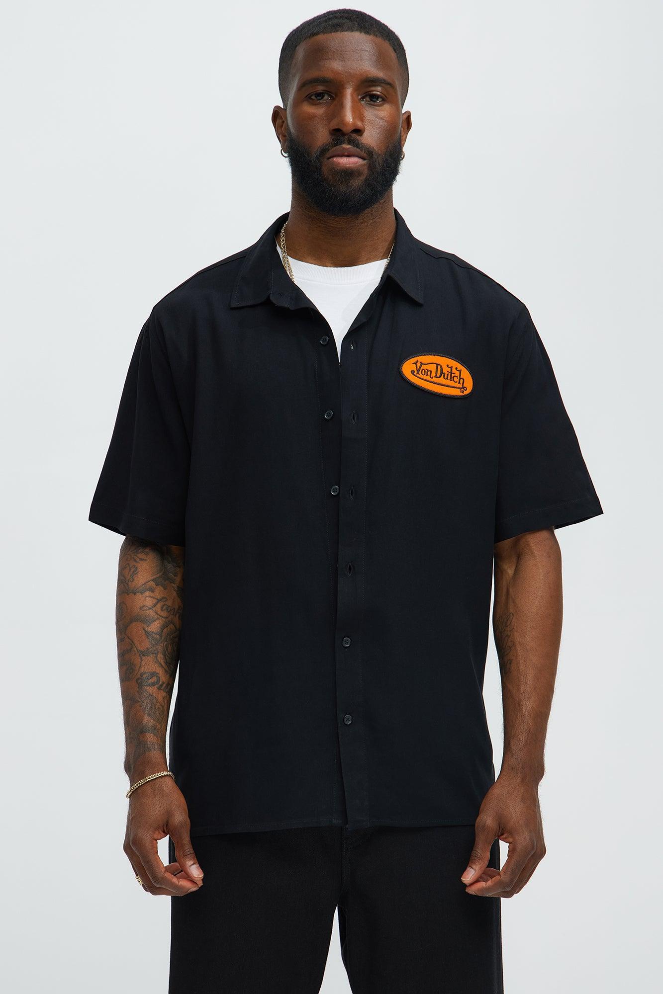 Von Dutch Front And Back Graphic Short Sleeve Button Up Shirt - Black Product Image