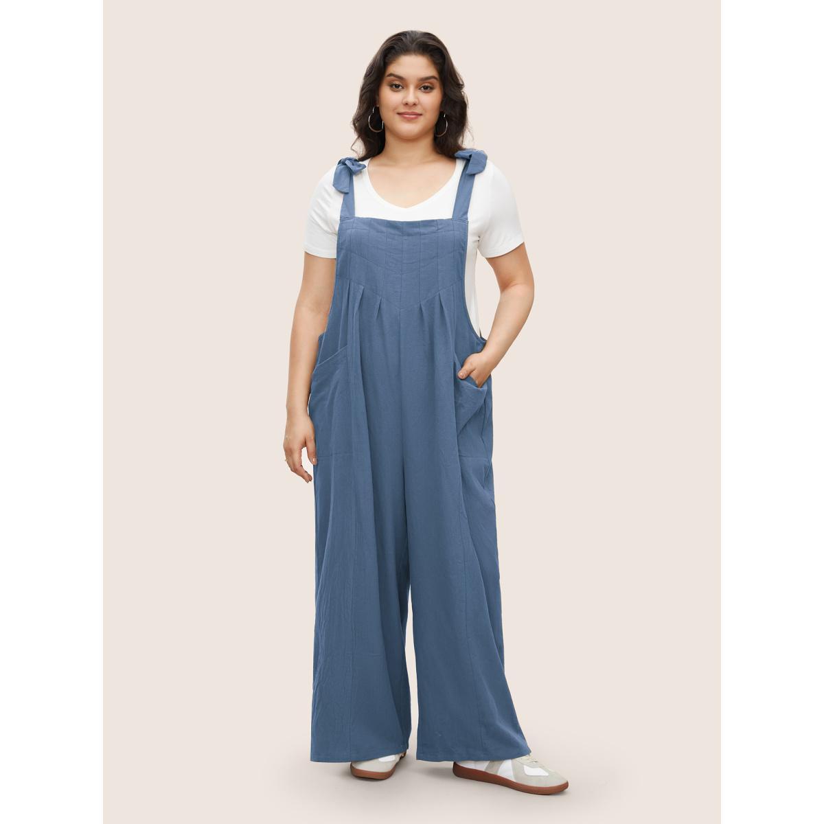 Plus Size Stone Solid Pleated Detail Pocket Knotted Shoulder Overall Jumpsuit Women Casual Sleeveless Non Everyday Loose Jumpsuits BloomChic 12/L Product Image