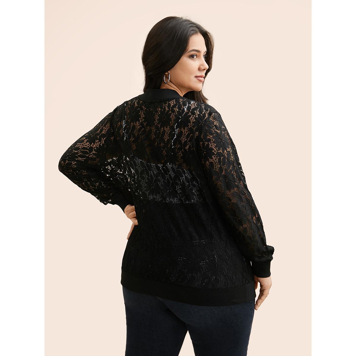 Plus Size Lace Panel Zipper See Through Jacket Women Black See through Everyday Jackets BloomChic 28/5X Product Image