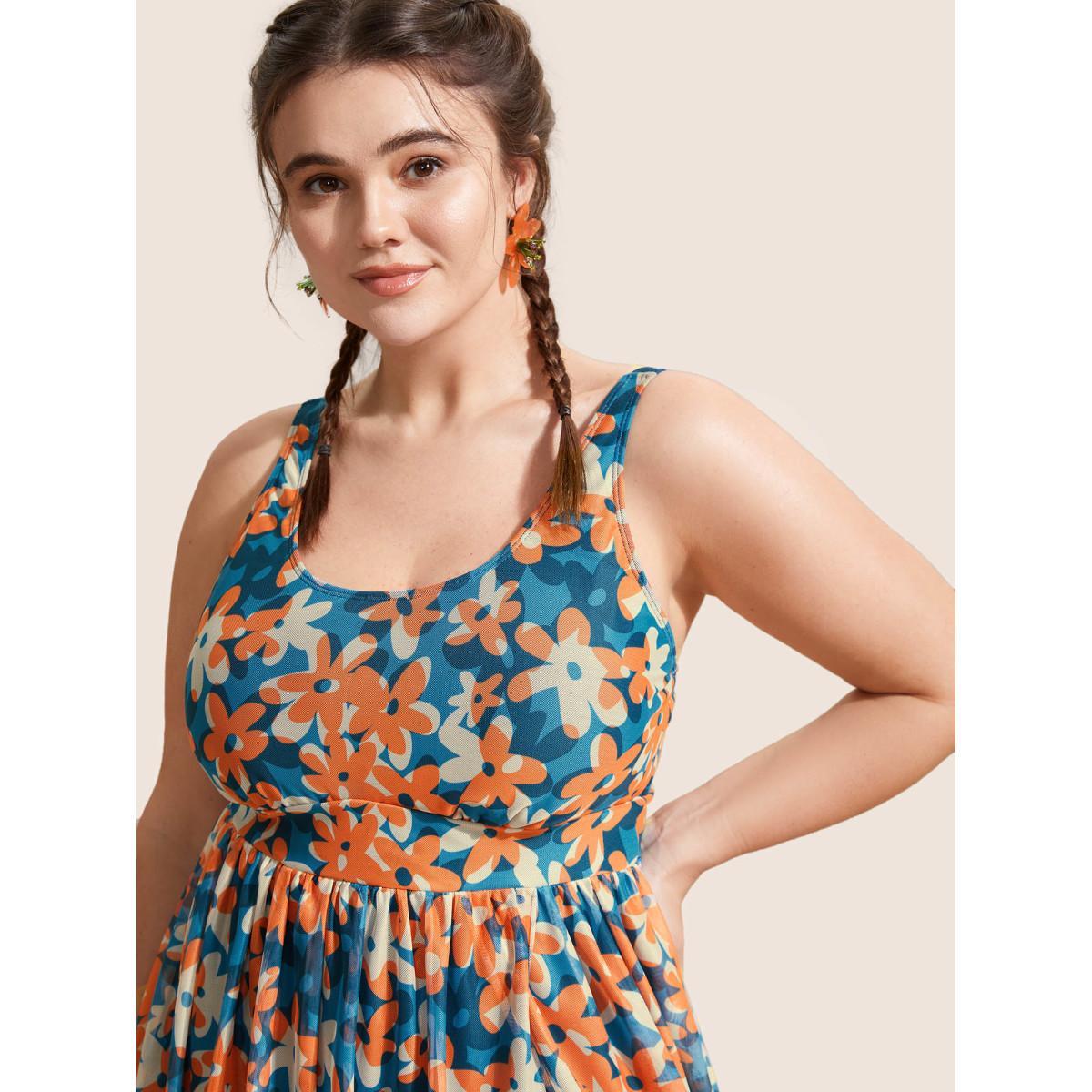 Plus Size Ditsy Floral Slit Hem See Through Swim Dress Women's Swimwear Multicolor Beach Bodycon U-neck High stretch Curve Swim Dresses BloomChic 12/L Product Image