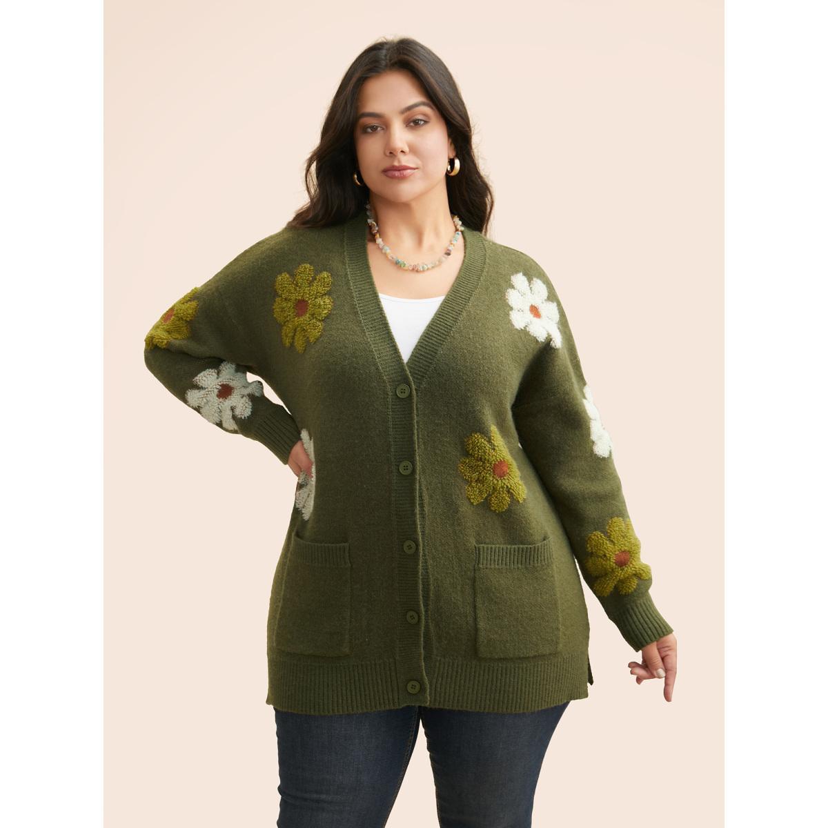 Plus Size Floral Texture Slit Hem Patch Pocket Cardigan ArmyGreen Women Casual Loose Long Sleeve Everyday Cardigans BloomChic 26/4X Product Image