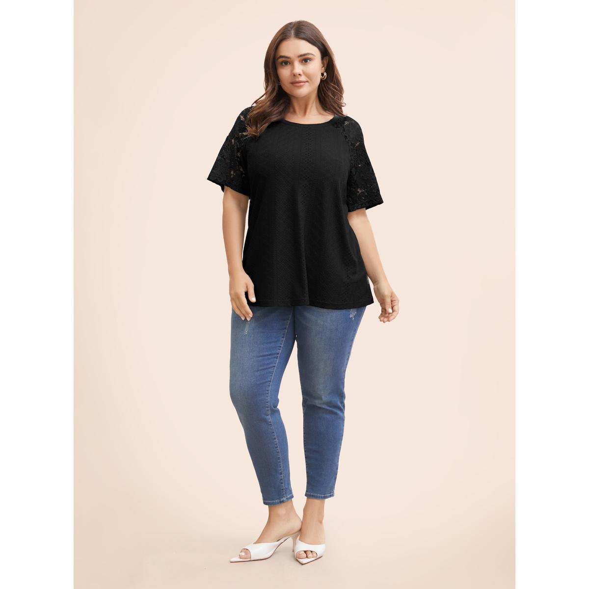 Plus Size Solid Broderie Anglaise Lace Raglan Sleeve T-shirt Black Women Elegant See through Plain Round Neck Everyday T-shirts BloomChic 30/6X Product Image