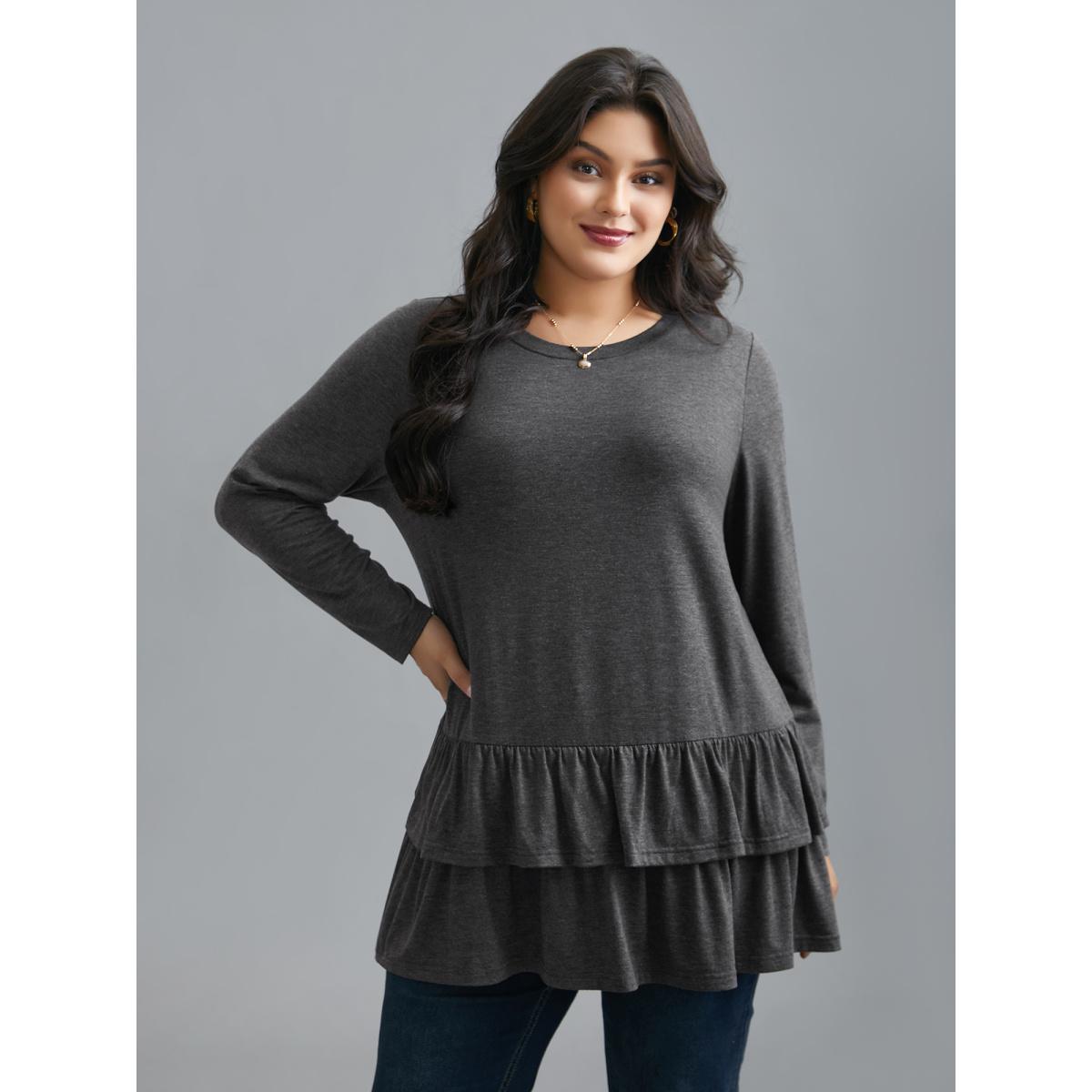 Plus Size Round Neck Tiered Ruffles Hem T-Shirt DimGray Women Elegant Gathered Round Neck Everyday T-shirts BloomChic 10/M Product Image